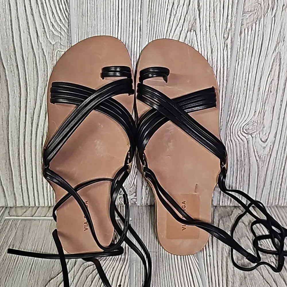 Via Spiga Allegra Ankle Wrap Black Leather Sandals Womens Size 6.5 New